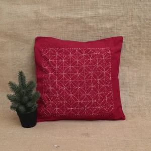 Maroon Geometric Embroidered Cotton Cushion Cover – 16 x 16 Inches