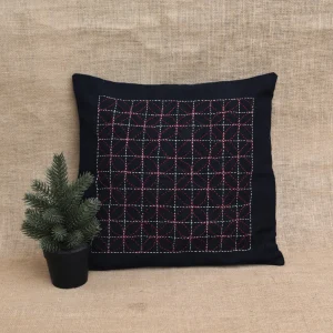 Black Embroidered Mangalagiri Cotton Cushion Cover – 16 x 16 Inches