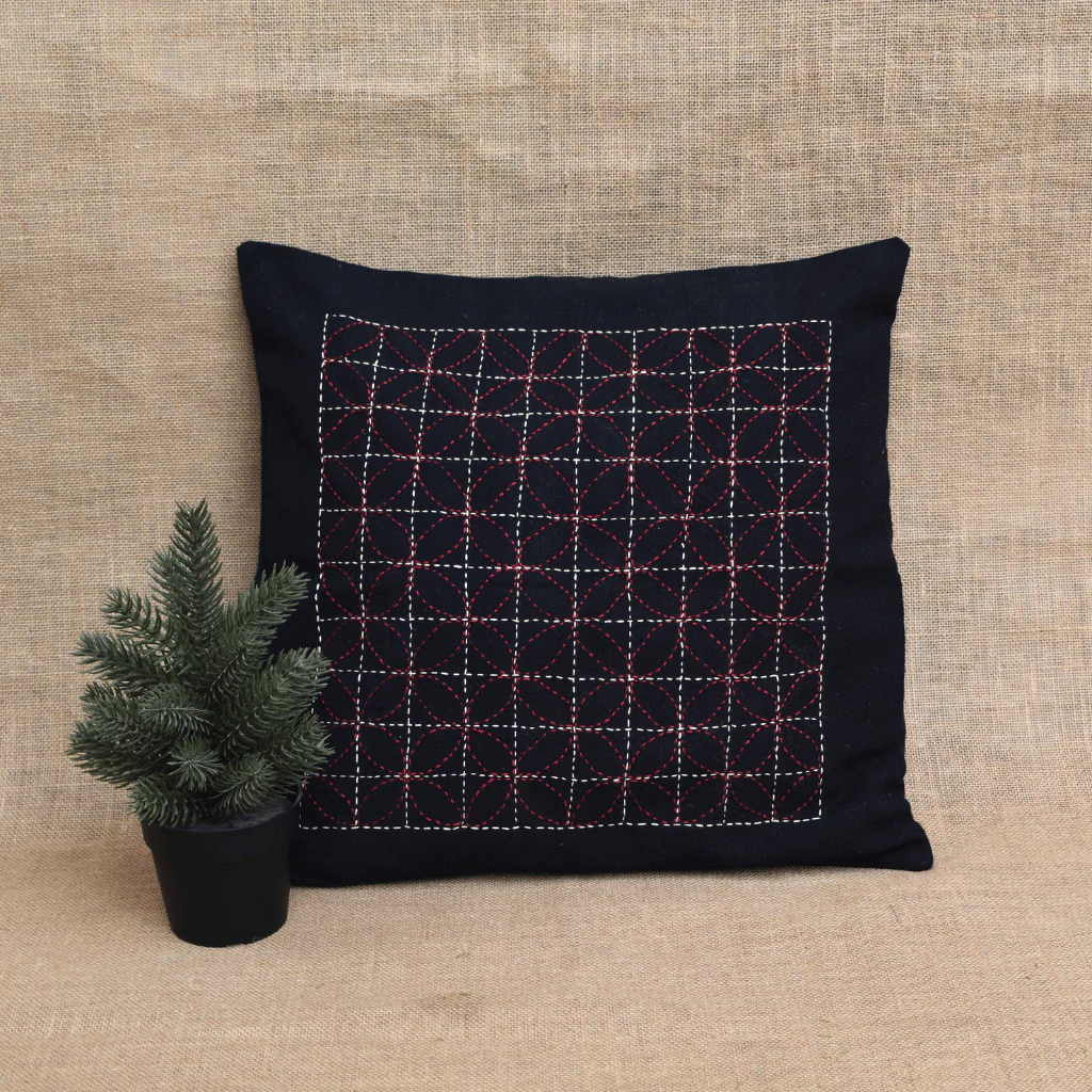 Black Embroidered Mangalagiri Cotton Cushion Cover – 16 x 16 Inches - Image 2