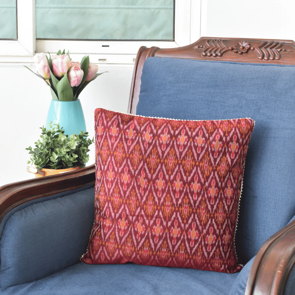 Red Silk Ikat Cushion Cover - Image 3