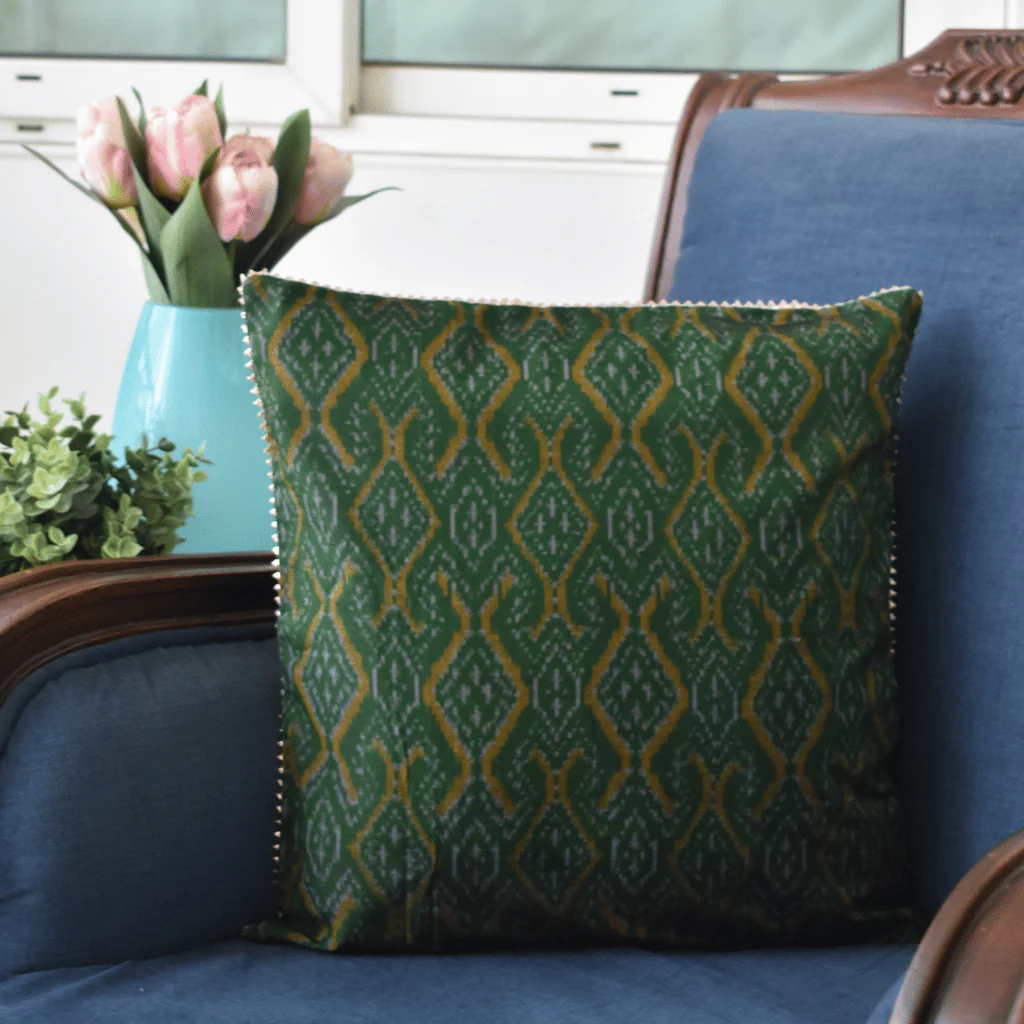 Green silk ikat cushion cover - Image 3