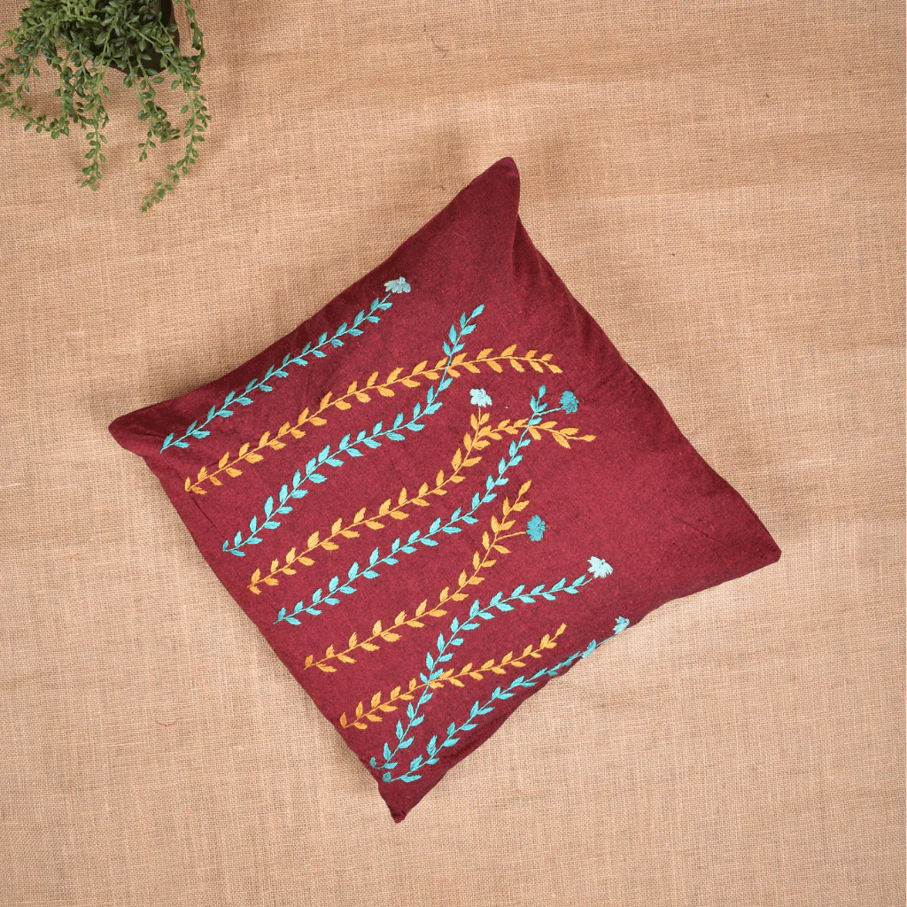 "Field of flowers" Pure Cotton Cushion Cover - Maroon - Image 4