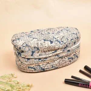 Vanity kit and toiletry bag in blue handblock printed cotton